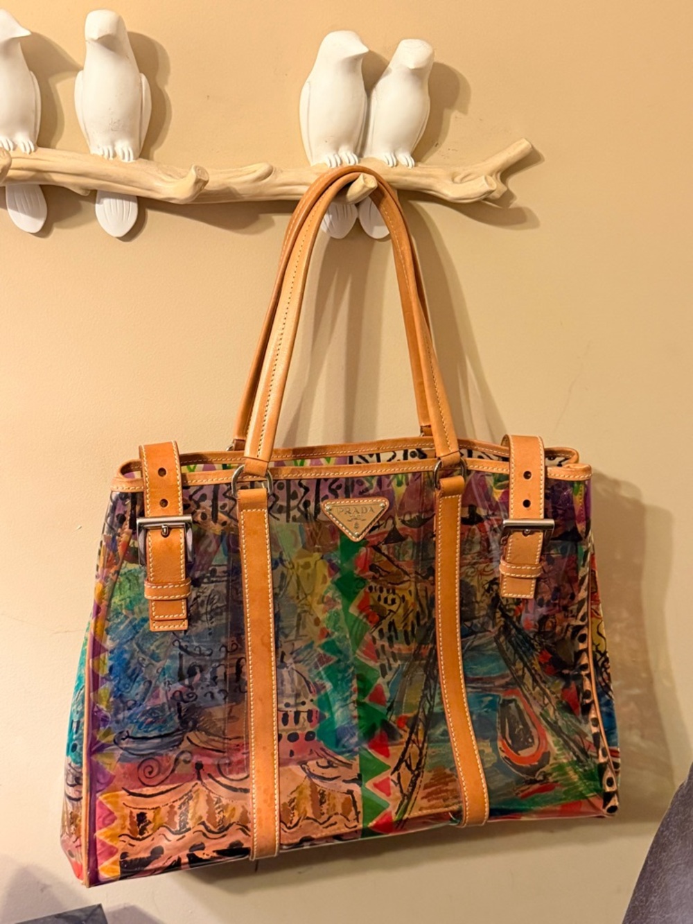 Prada Venezia Colorful Abstract Printed Tote Bag with Tan Leather Trim - Picture 3 of 17